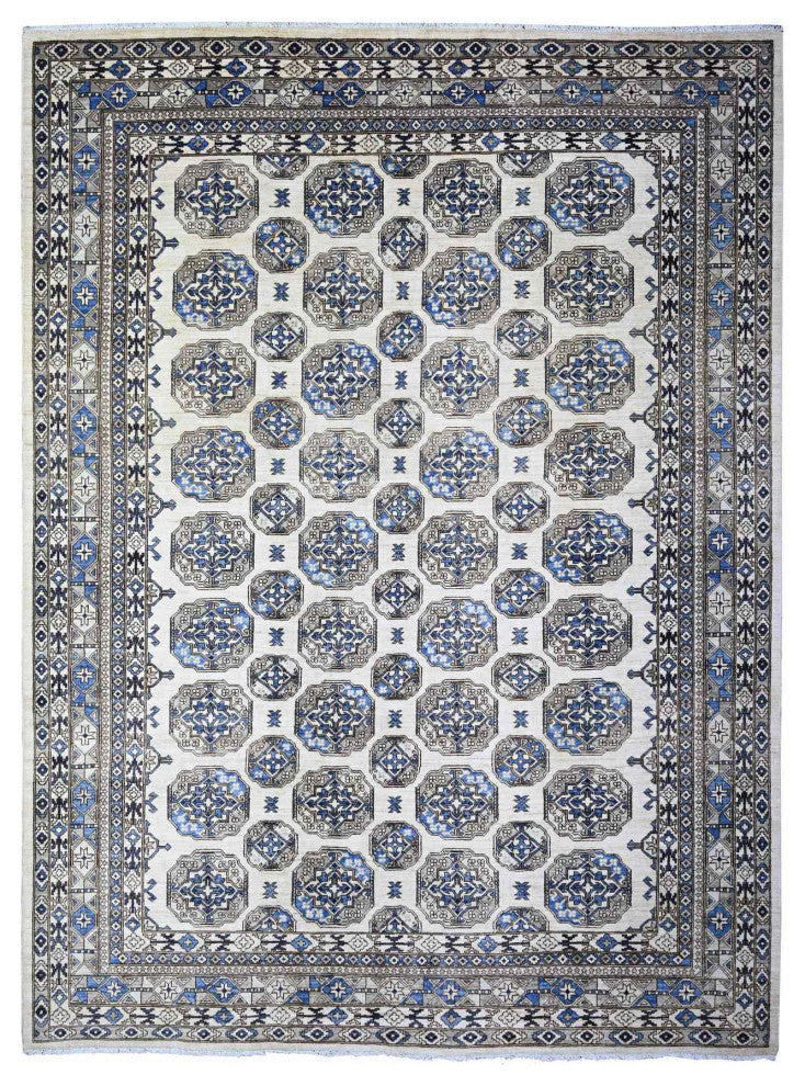 Porcelain Ivory Afghan Ersari Design Hand Knotted Natural Wool Rug 9'1"x11'11"