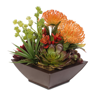 Contemporary Tropical Artificial Succulent Arrangement in a Metal Container