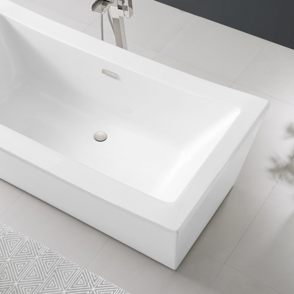 OVE Decors Terra 70" White Acrylic Bathtub, Satin Nickel and Chrome Hardware