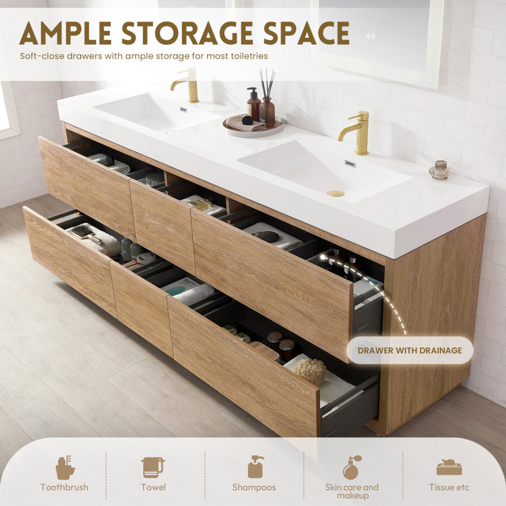 Huesca Bath Vanity, Integrated Sink Top, North American Oak, 84", Without Mirror