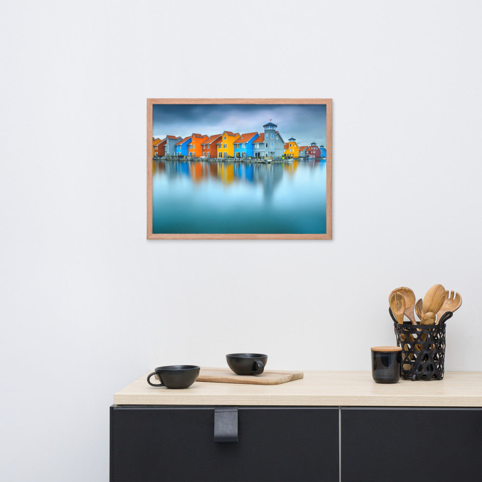 Blue Morning at Waters Edge Landscape Framed Photo Paper Wall Art Prints, Red Oak, 18" X 24"