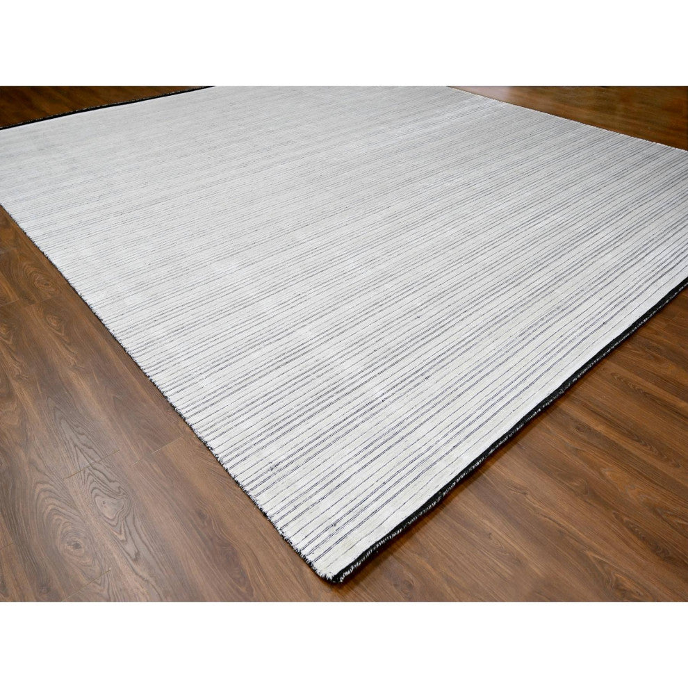 White and Black Wool and Silk Hand Loomed Modern Oversized Rug, 14'x16'