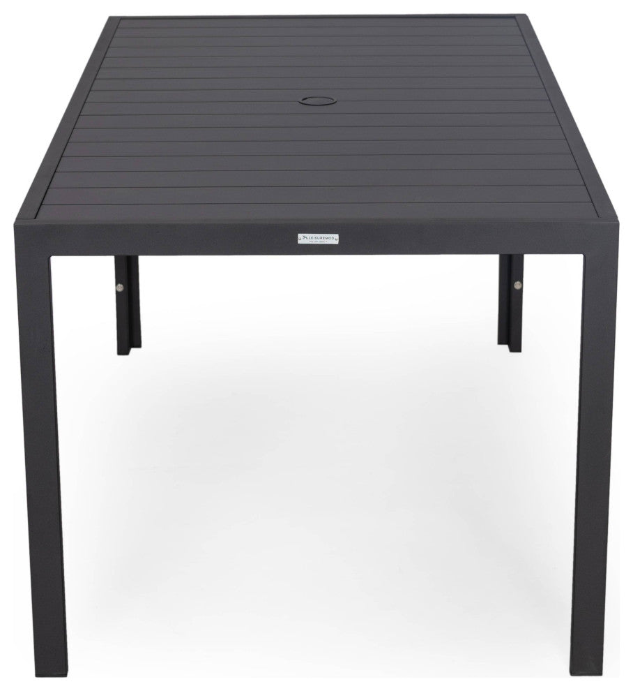 LeisureMod Chelsea Modern 7-Piece Outdoor Dining Set, Black Aluminum, Beige