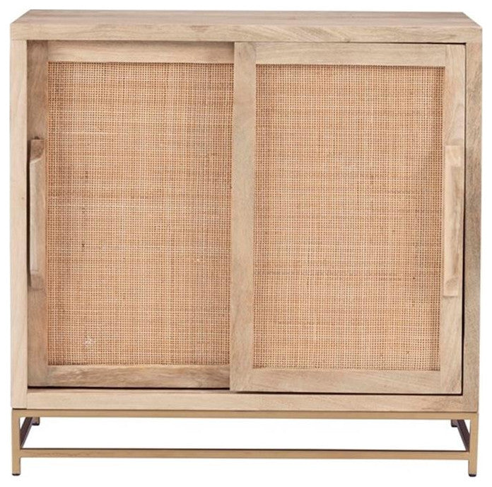 Linon Josie Wood Storage Cabinet 2 Sliding Cane Doors Gold Metal Base in Natural