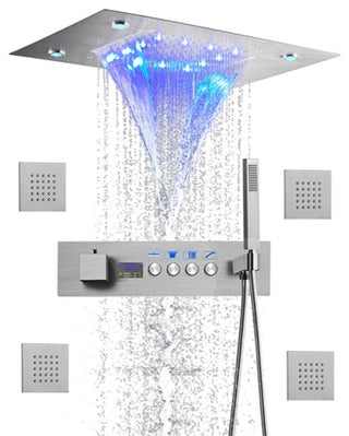 Led Waterfall Rainfall Shower System, Body Jets and Hand Shower, Brushed Nickel