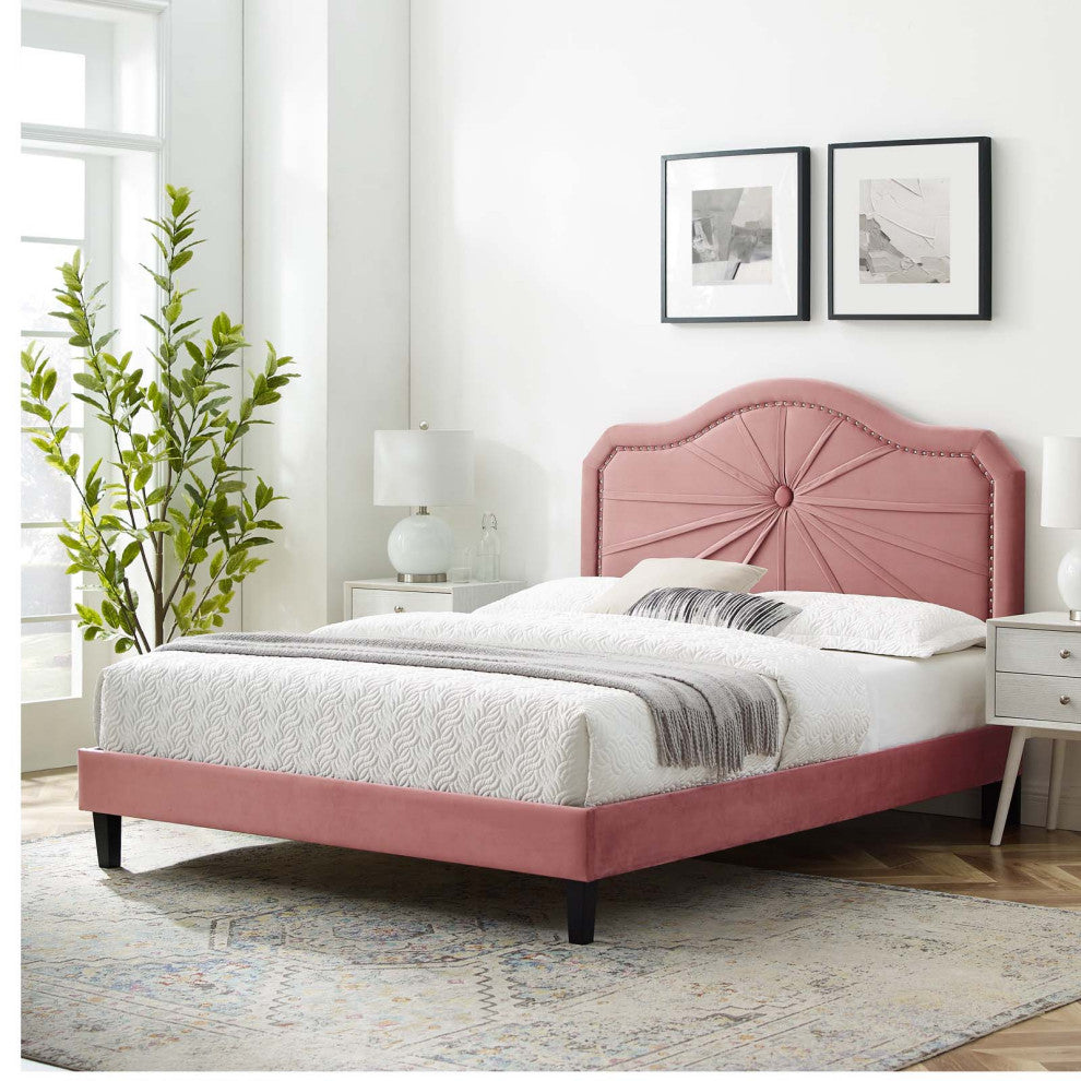 Platform Bed Frame, Queen Size, Velvet, Pink, Modern Contemporary, Bedroom