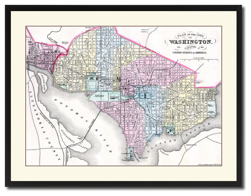Washington Dc Vintage Antique Map Wall Art, 28"x37"