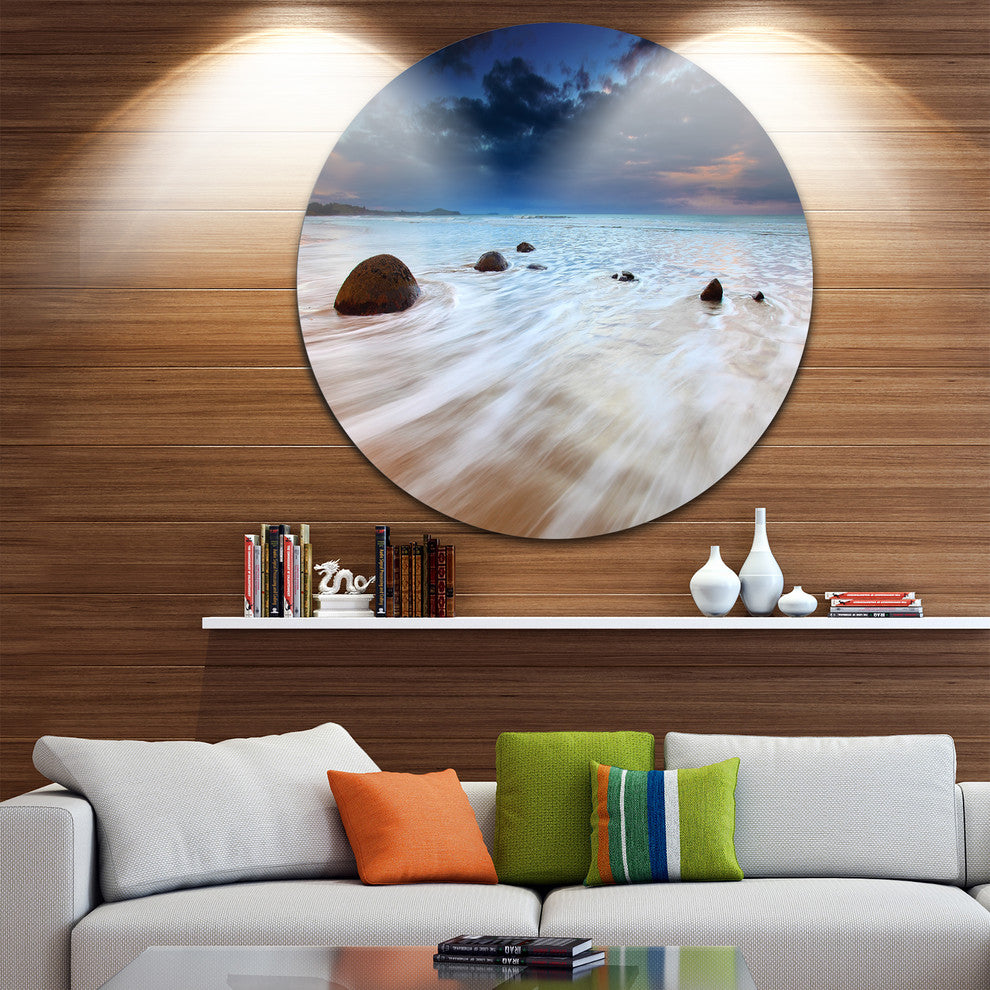 Waves Flowing Over Boulders, Seashore Photo Disc Metal Artwork, 23"