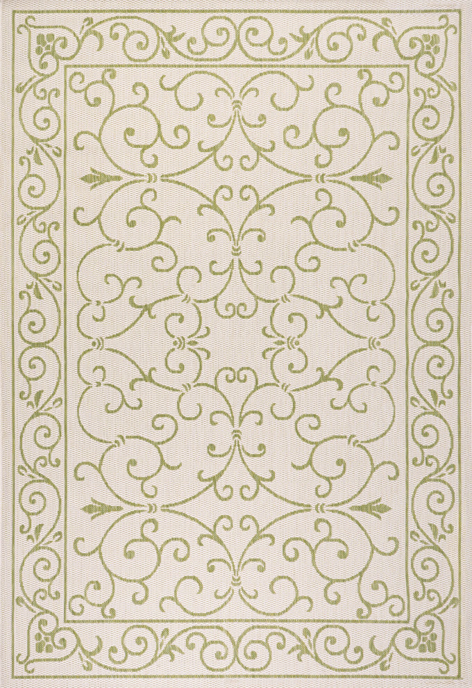 Charleston Filigree Textured Weave Indoor/Outdoor, Cream/Green, 8 X 10