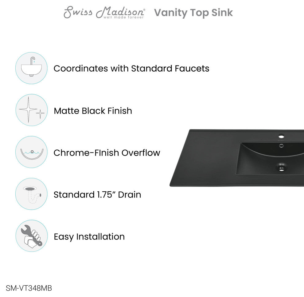 48" Ceramic Vanity Sink Top, Matte Black