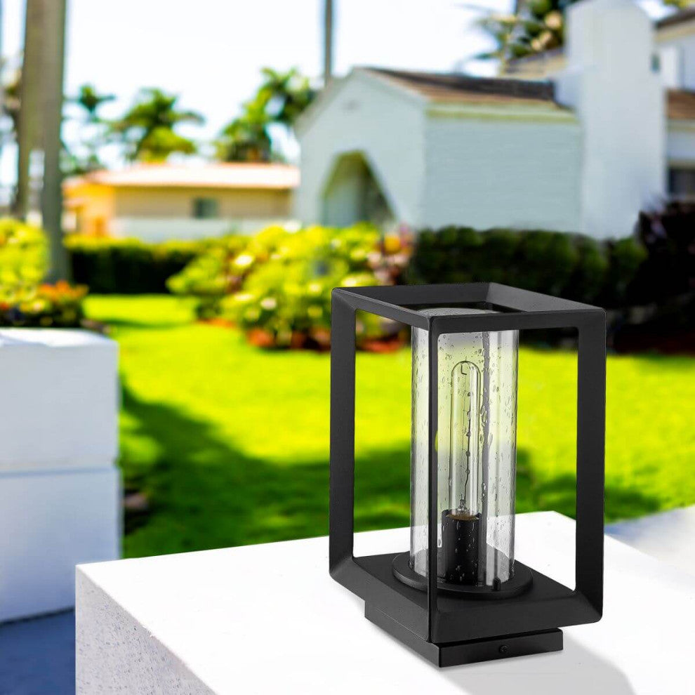 1 Light 13" Tall Outdoor Pier Mount, Natural Black With Seeded Glass Shade