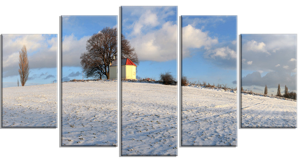 Winter Landscape with Chapel, Landscape Canvas Art Print, 60"x32", 5 Panels