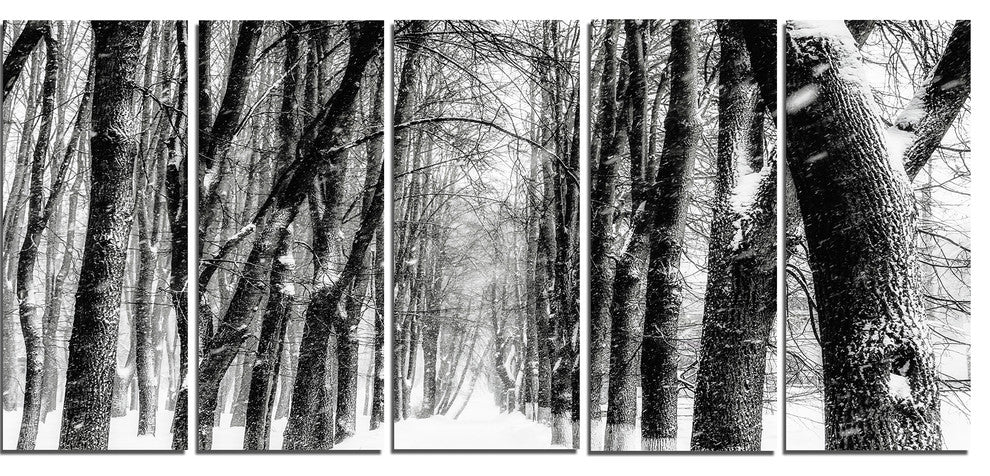 Snowy Forest Black and White, Modern Forest Canvas Art, 60"x28", 5 Panels