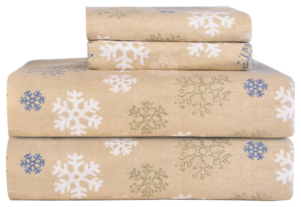 Pointehaven 170 Flannel Sheet Set, Snow Flakes Oatmeal, Full