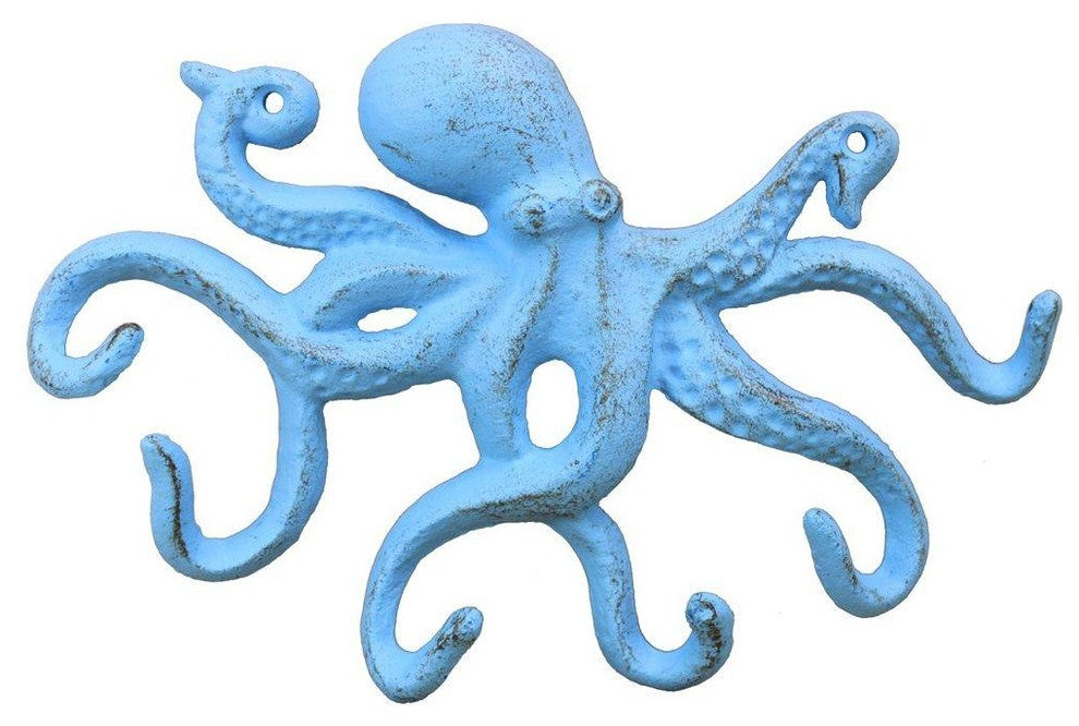 Rustic Light Blue Cast Iron Octopus Hook 11'', Beach Decoration, Vintage Cast
