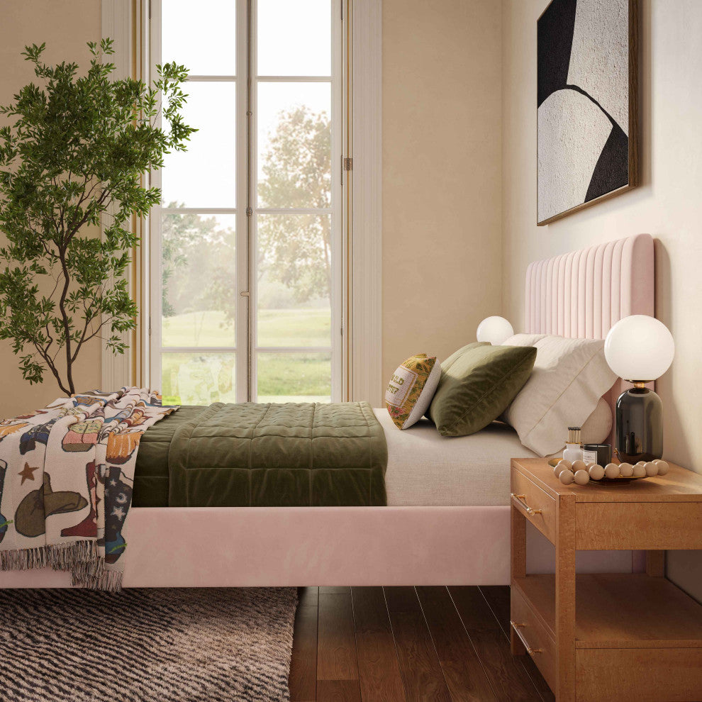Angela Velvet Upholstered Bed, Blush, Queen