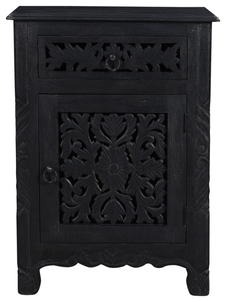 Delaney Carved 1 Door Nightstand, Distressed Black, Right
