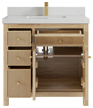 Sonoma 36 Center Sink Bath Vanity in Light Natural Teak with 2" Carrara Quartz
