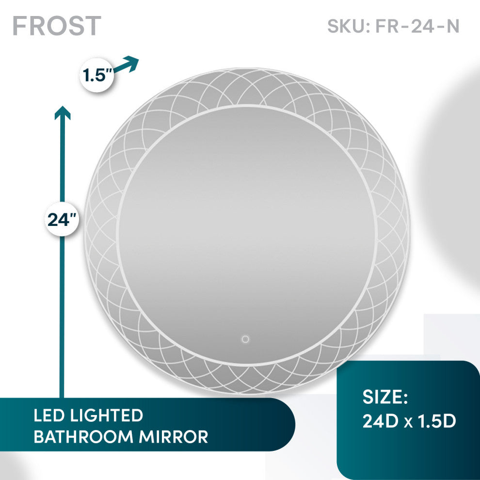 24" Frost, LED Lighted Round Mirror With Dimmer, Defogger, Touch Control.