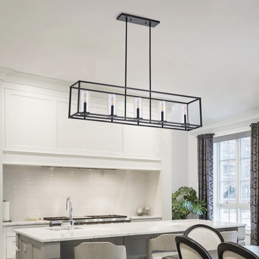 Farmhouse 5-Light Metal Frame Kitchen Island Chandelier with Glass Shades