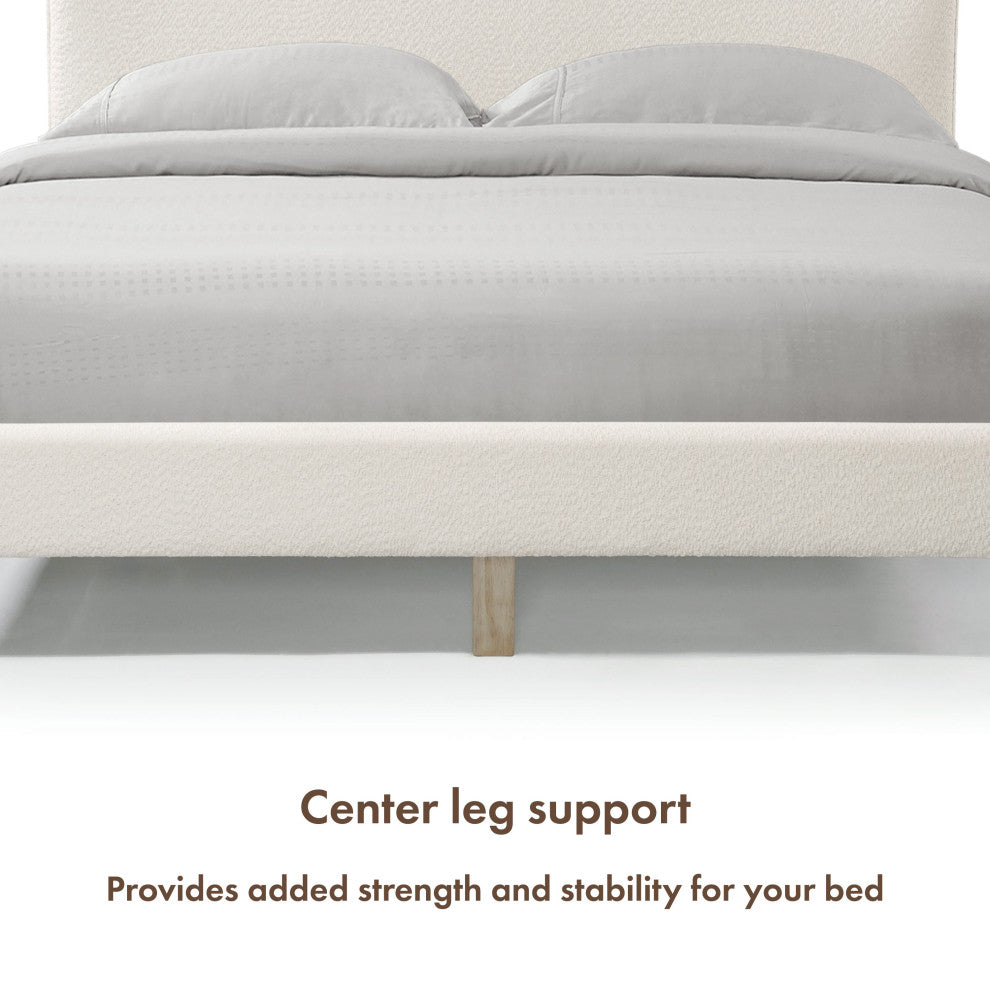 Miles White Boucle Upholstered Wood Frame Platform Bed, Queen, Pillow