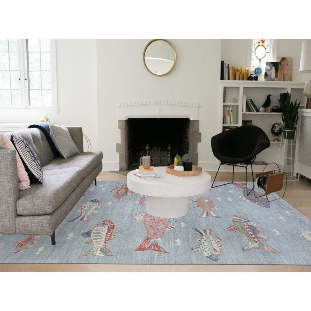 Light Gray, Soft Wool Hand Knotted, Afghan Peshawar Oriental Rug, 9'2"x11'9"