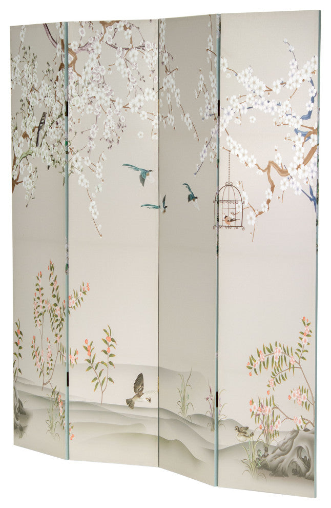 6' Tall Double Sided Birds and Plum Blossoms Canvas Room Divider