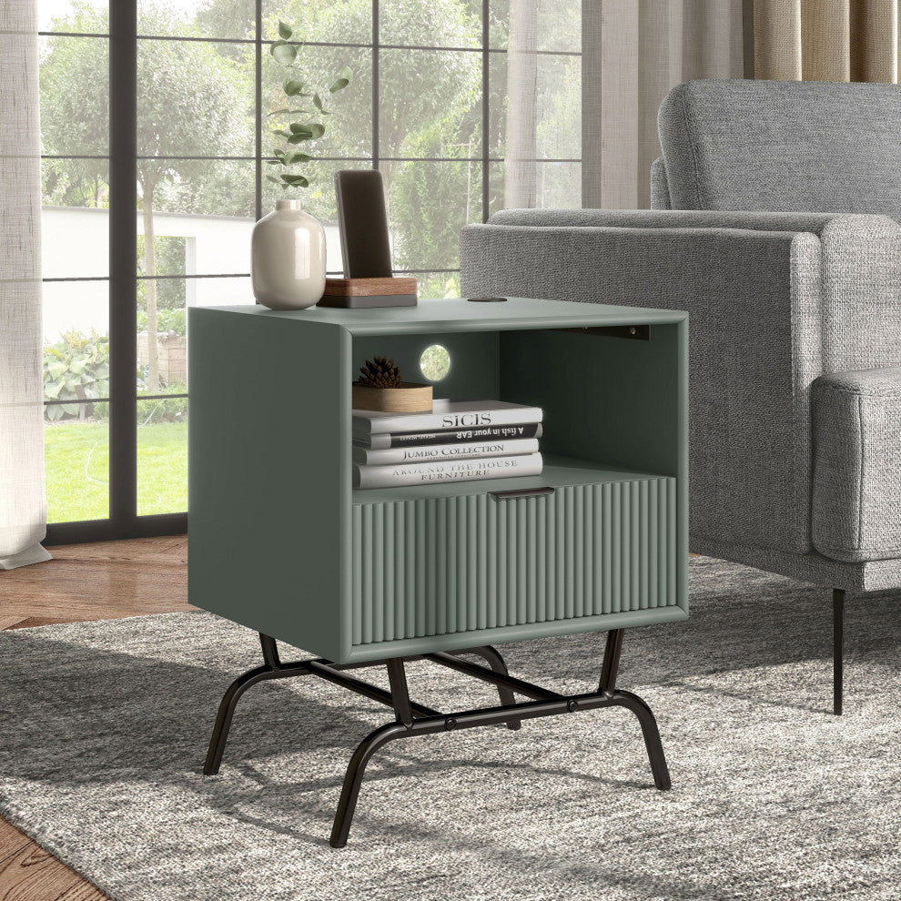 Danel Modern 18" Rectangle End Table With Drawer and USB Ports, Sage Green