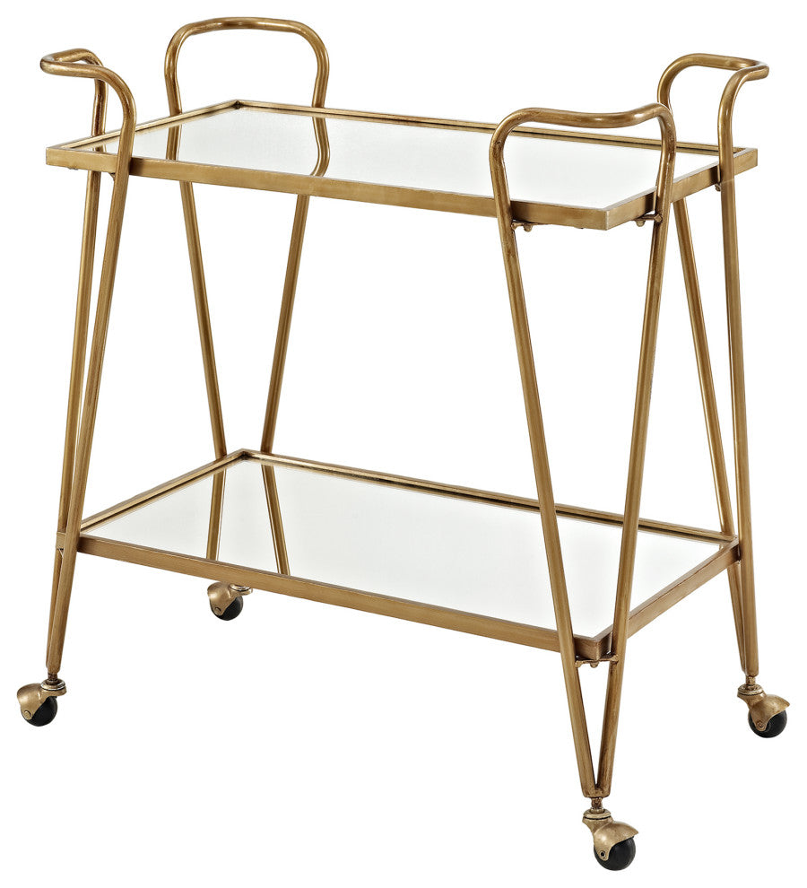 Benzara 2 Tier Mirror and Metal Bar Cart with Hairpin Legs, Gold and Clear