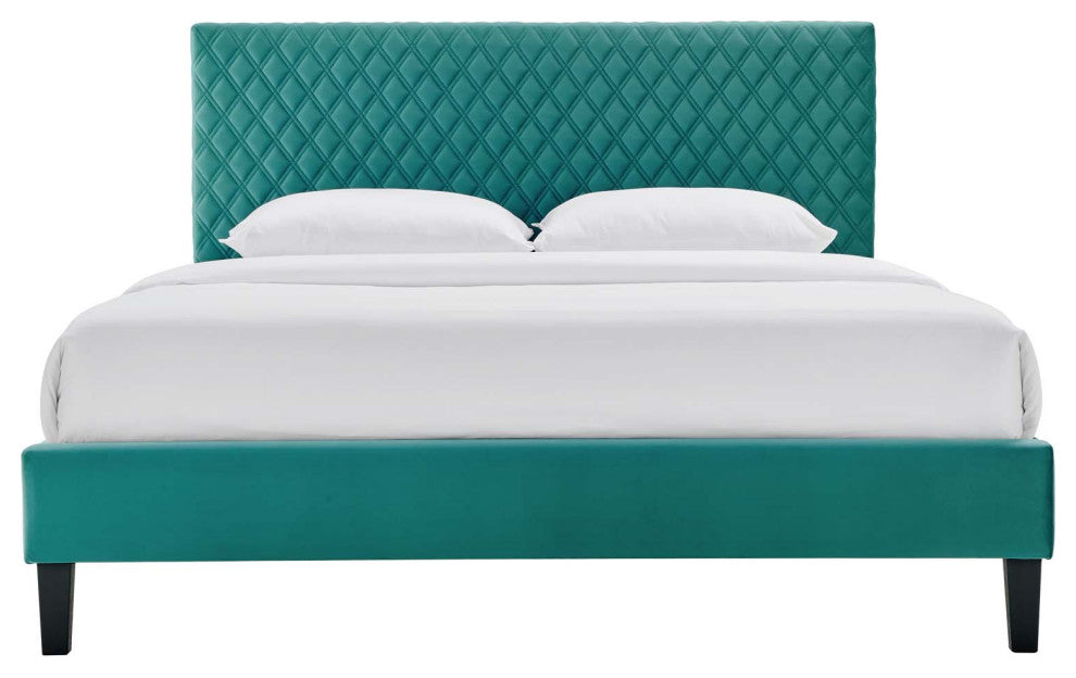 Platform Bed Frame, King Size, Teal Blue, Velvet, Modern, Bedroom Guest Suite