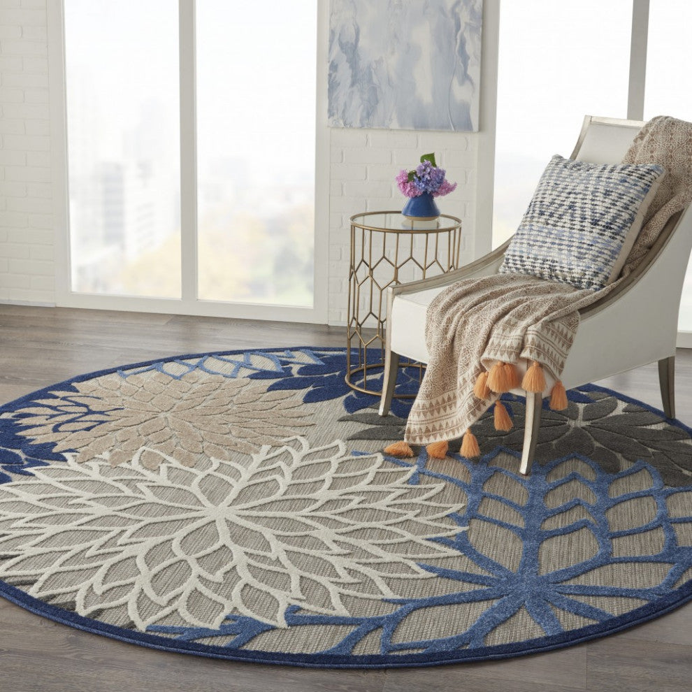 8 Round Blue Large Floral Indoor Outdoor Area Rug