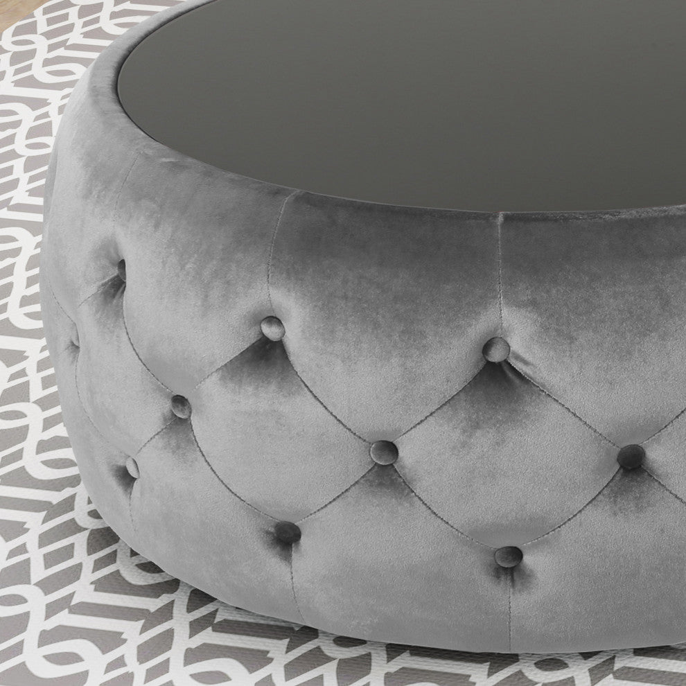 GDF Studio Ivy Glam Velvet and Tempered Glass Coffee Table Ottoman, Smoke/Black