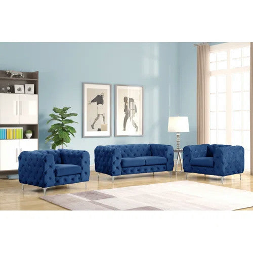 Rebekah 3 Piece Velvet Standard Foam Living Room Set 1sofa+2 Chairs, Royal Blue Velvet