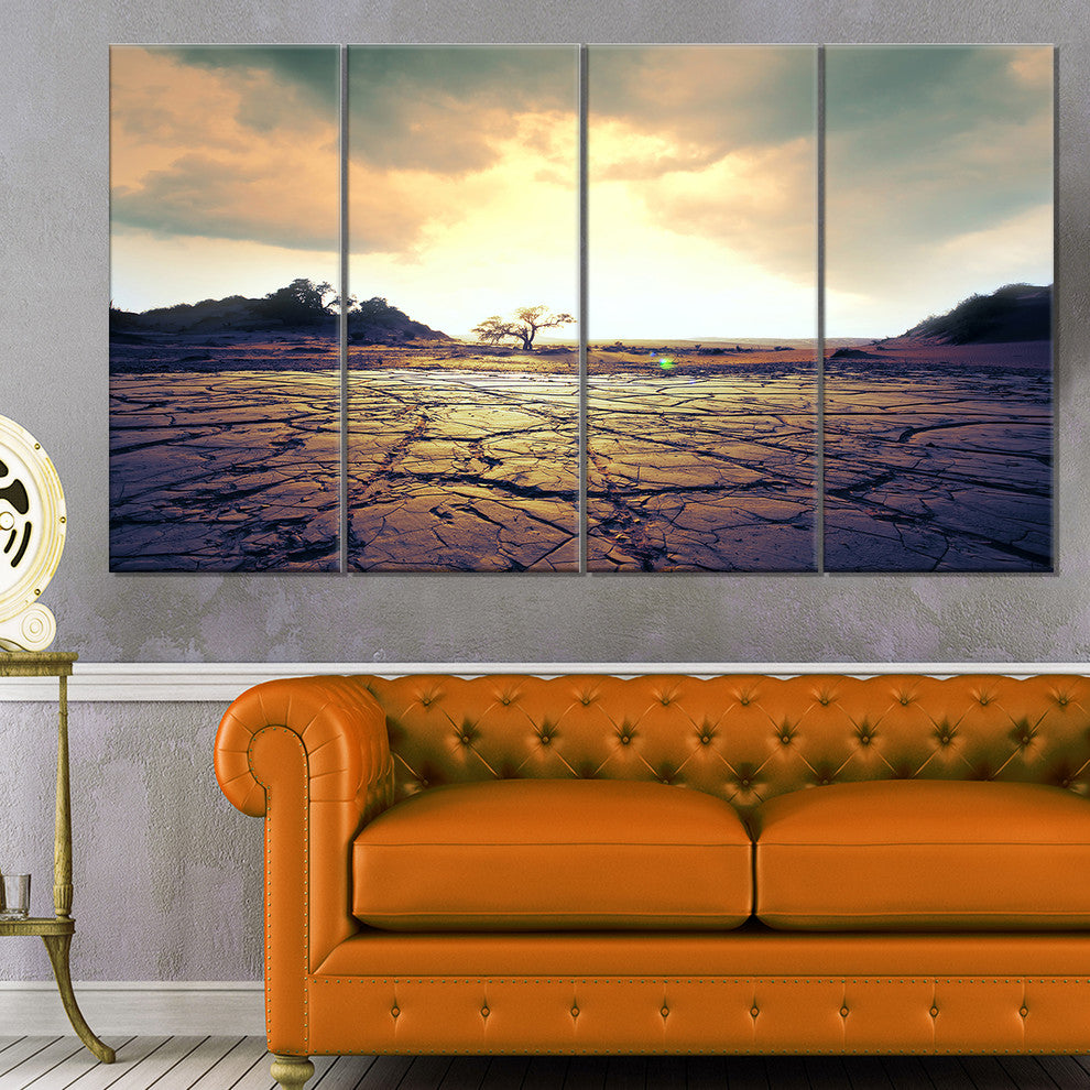 Cracked Drought Land with Sunshine, Landscape Canvas Art, 48"x28", 4 Panels