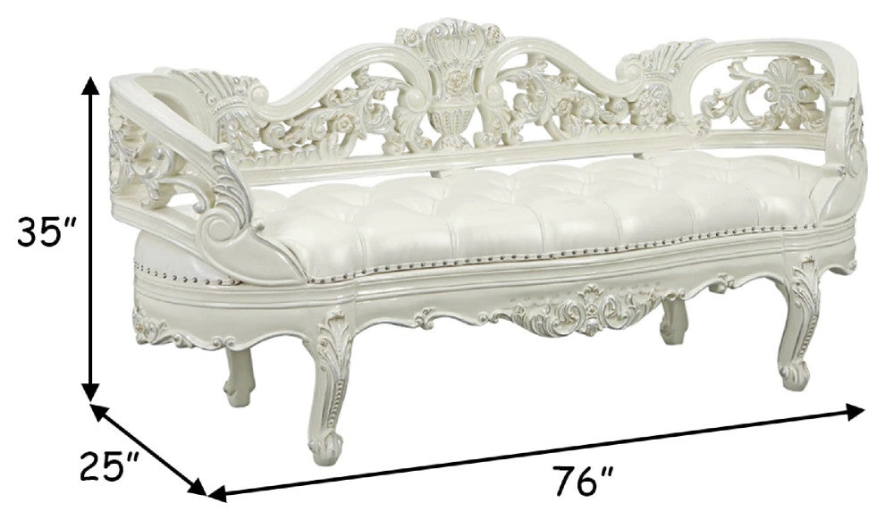 Benzara BM275671 Classic Ornate Carved Bench With Padded Cushion, Wood, White