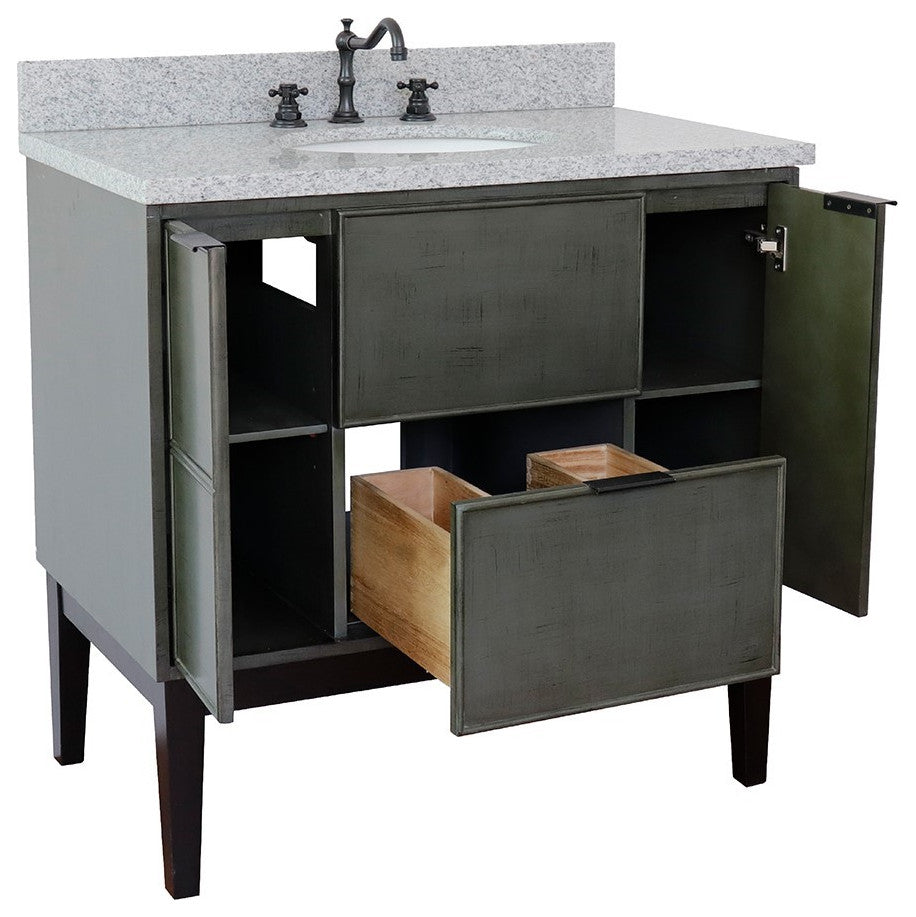 37" Single Vanity, Linen Gray Finish With Gray Granite Top And Oval Sink