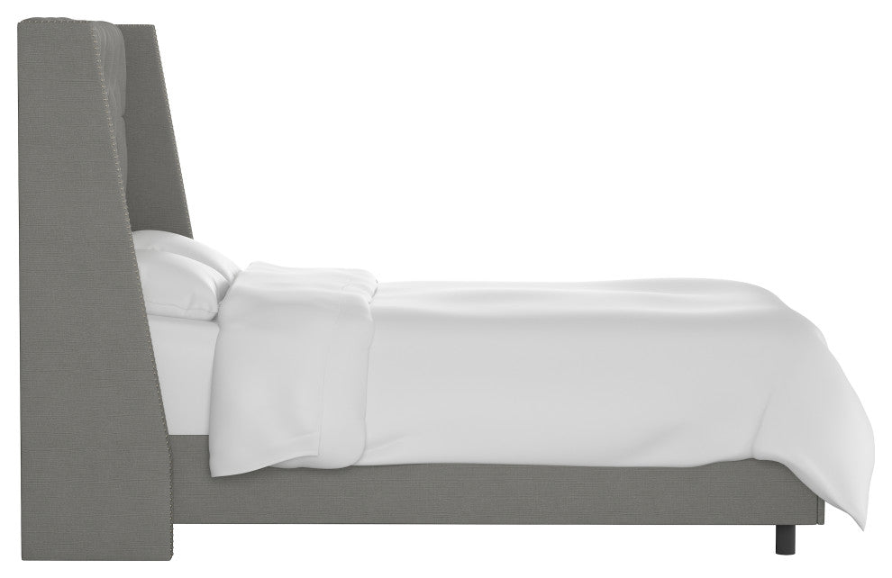 Williams Twin Nail Button Wingback Bed, Linen Gray
