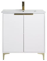 Wilmington Bath Vanity, White Matte, 30 Inch, Satin Brass Hardware