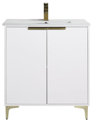 Wilmington Bath Vanity, White Matte, 30 Inch, Satin Brass Hardware