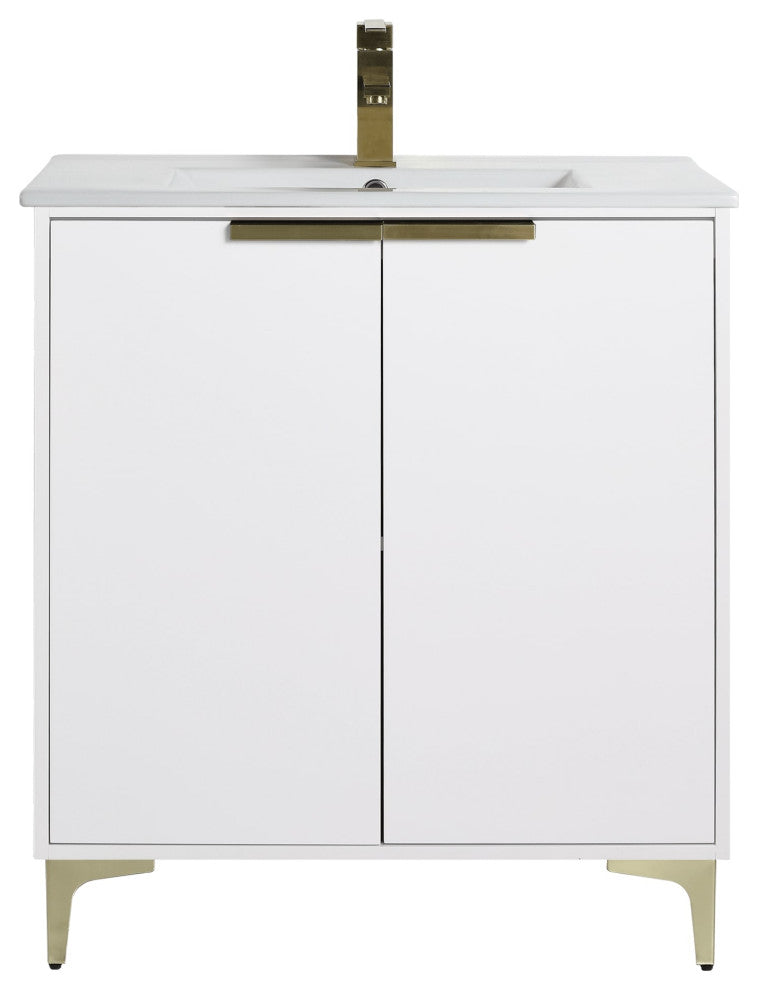 Wilmington Bath Vanity, White Matte, 30 Inch, Satin Brass Hardware