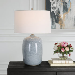 Mottled Sky Blue Cobalt Ceramic Table Lamp 27 in Oval Egg Shape Soft Elegant