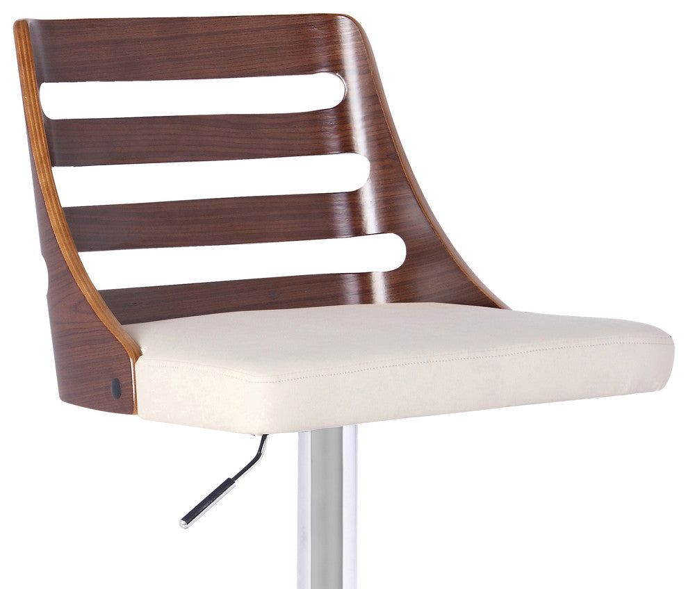 Soles Barstool, Chrome Finish With Walnut wWood and Cream Faux Leather