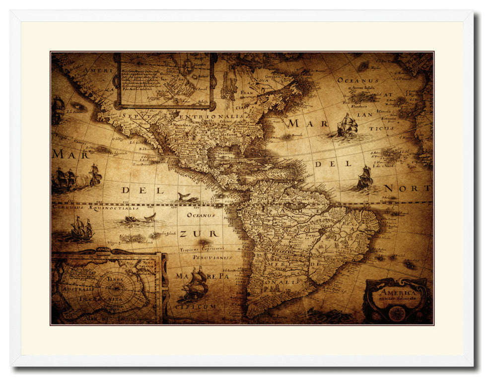 America Vintage Old Map Print On Canvas With Picture Frame 28" X 37"