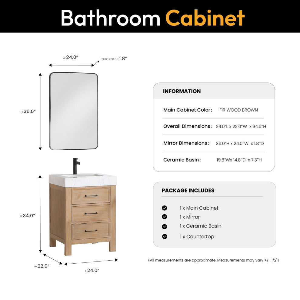Leon Bath Vanity With Composite Stone Top, Fir Wood Brown, 24", With Mirror