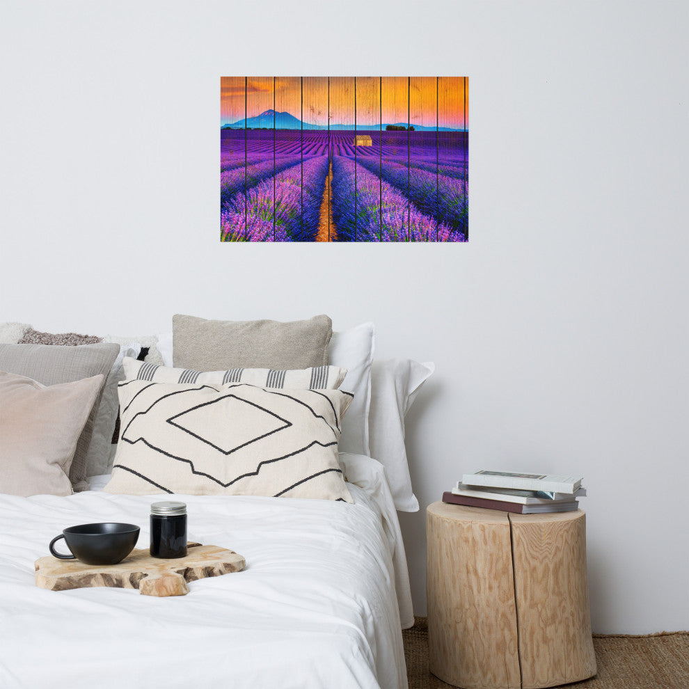 Faux Wood Lavender Fields and Sunset Landscape Unframed Wall Art Prints, 24" X 36"