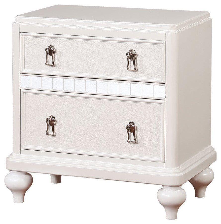 Mirror Trim Accented Solid Wood Night Stand With Felt-Lined Drawers, White