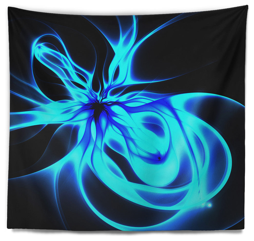 Glowing Blue Symmetrical Flower Abstract Wall Tapestry, 92"x78"