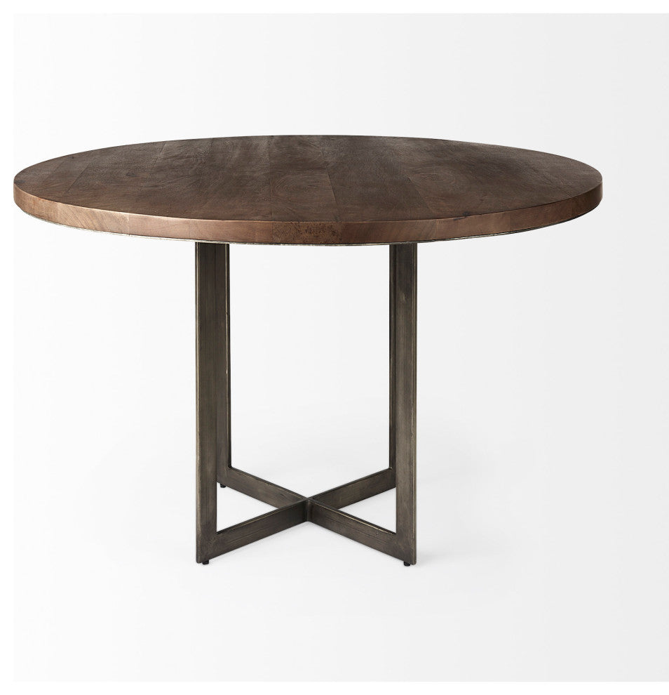 Faye I Medium Brown Wood With Metal Base Round Dining Table