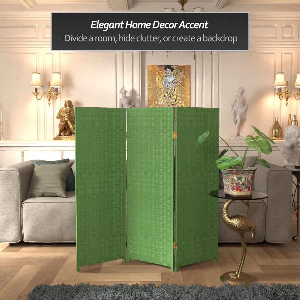 4'' Tall Woven Fiber Room Divider, Light Green, 3 Panel