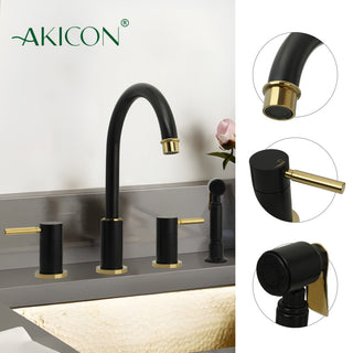 Two-Handles Copper Widespread Kitchen Faucet With Side Sprayer, Matte Black & Gold